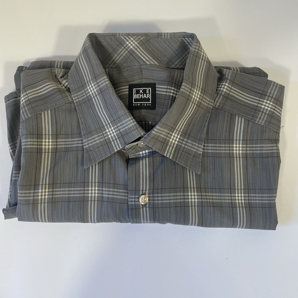 Ike Behar Men's‎ Shirt Size L Gray Plaid Long Sleeve Button Down 100% Cotton